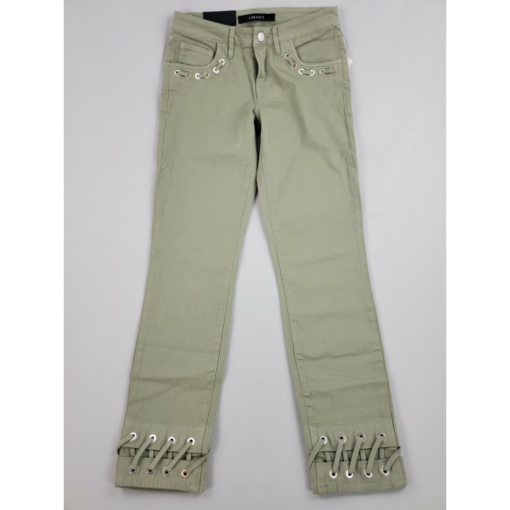 J Brand Gibson Mid Rise Crop Skinny Pants Olive Green Lace Up Hem 24 JB001997